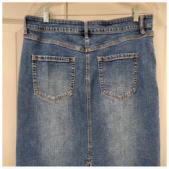 INC Blue Denim Stretch Midi Skirt 14P Boho Western Dark Wash Slit Jean - Picture 7 of 11